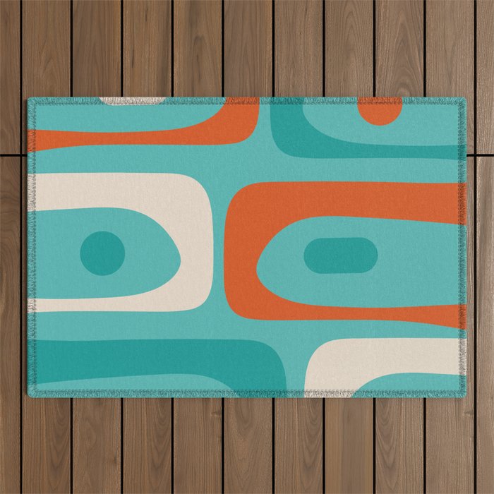 Mid Century Modern Piquet Abstract Pattern Teal Orange Cream Outdoor Rug Gallery Image 1