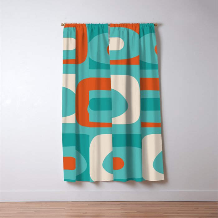 Mid Century Modern Piquet Abstract Pattern Teal Orange Cream Window Curtain Gallery Image 3