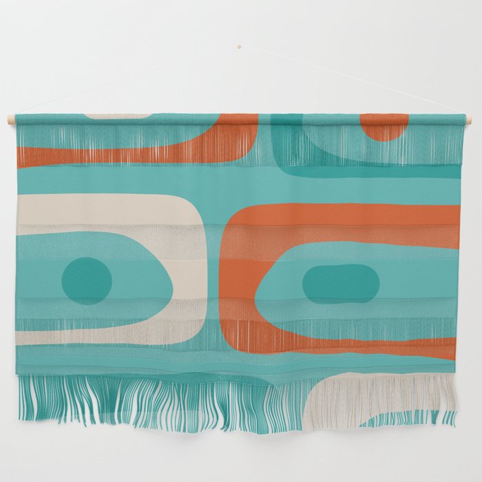 Mid Century Modern Piquet Abstract Pattern Teal Orange Cream Wall Hanging Gallery Image 1