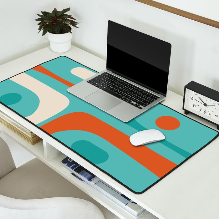 Mid Century Modern Piquet Abstract Pattern Teal Orange Cream Desk Mat Gallery Image 2