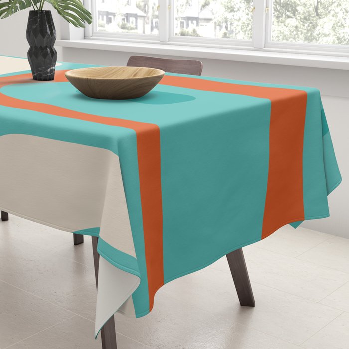 Mid Century Modern Piquet Abstract Pattern Teal Orange Cream Tablecloth Gallery Image 3