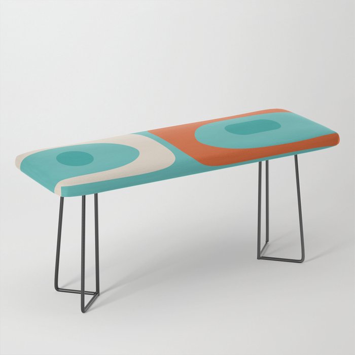 Mid Century Modern Piquet Abstract Pattern Teal Orange Cream Bench Gallery Image 1