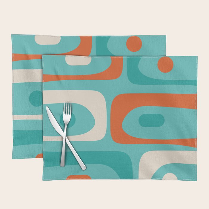 Mid Century Modern Piquet Abstract Pattern Teal Orange Cream Placemat Gallery Image 1