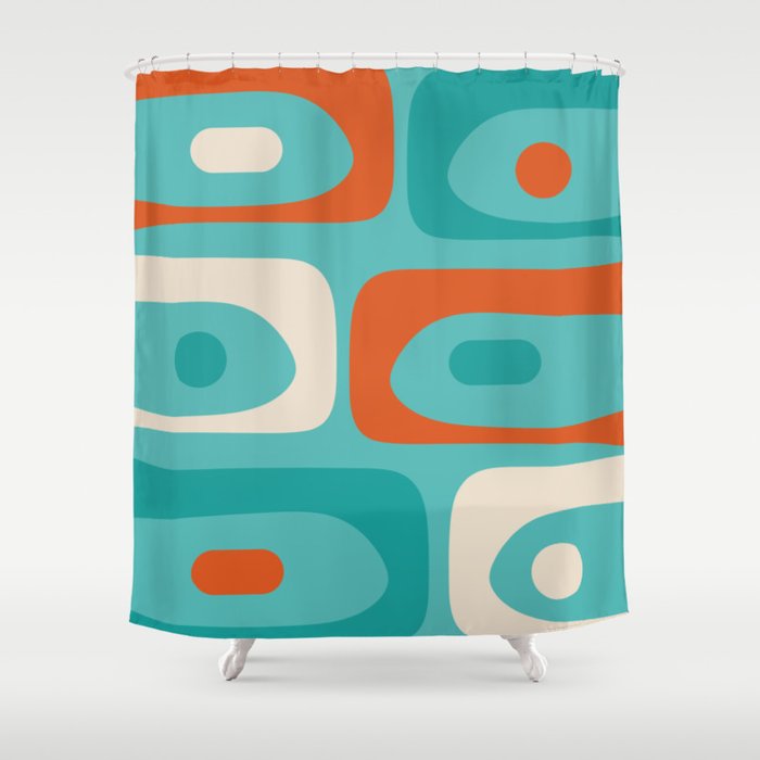 Mid Century Modern Piquet Abstract Pattern Teal Orange Cream Shower Curtain Gallery Image 1