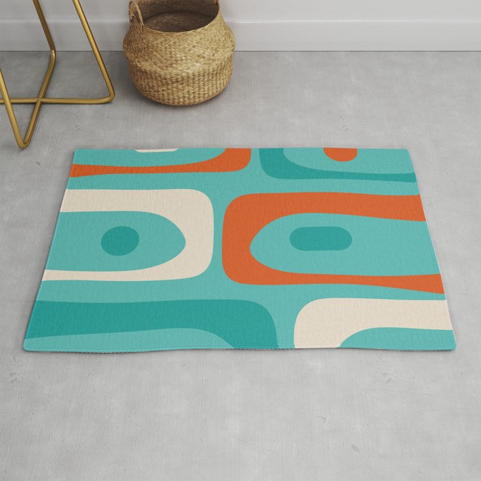 Mid Century Modern Piquet Abstract Pattern Teal Orange Cream Rug Gallery Image 1