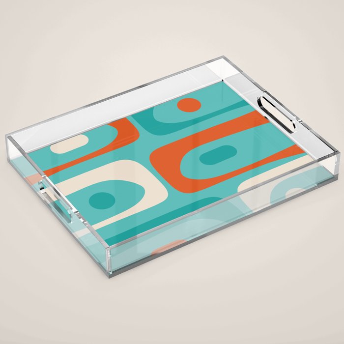 Mid Century Modern Piquet Abstract Pattern Teal Orange Cream Acrylic Tray Gallery Image 1
