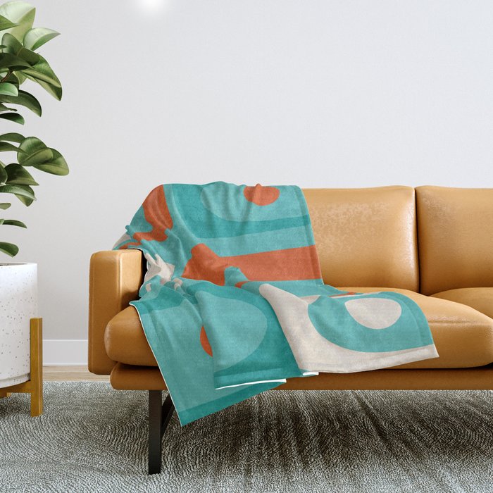 Mid Century Modern Piquet Abstract Pattern Teal Orange Cream Throw Blanket Gallery Image 1