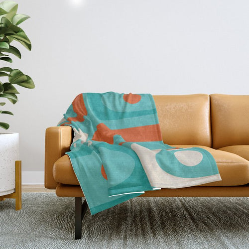 Mid Century Modern Piquet Abstract Pattern Teal Orange Cream Throw Blanket Gallery Image 1