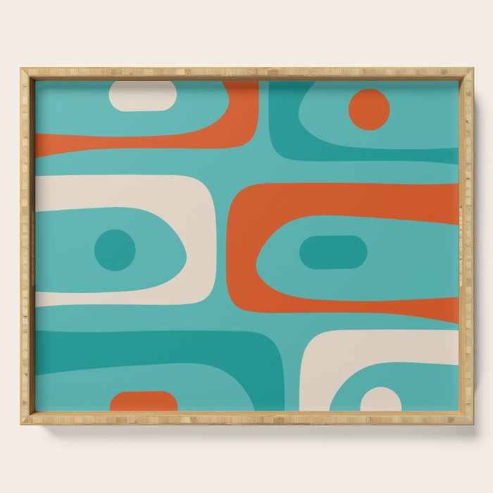 Mid Century Modern Piquet Abstract Pattern Teal Orange Cream Serving Tray Gallery Image 1