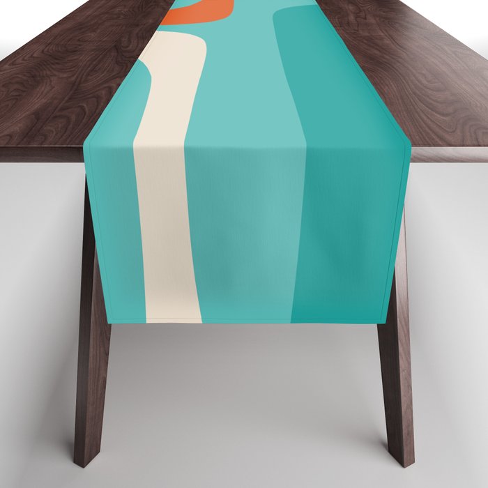Mid Century Modern Piquet Abstract Pattern Teal Orange Cream Table Runner Gallery Image 1