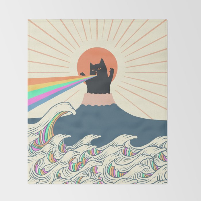 Meowtain cat 5 rainbow wave catzilla  Throw Blanket Gallery Image 2