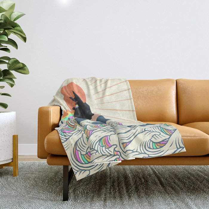 Meowtain cat 5 rainbow wave catzilla  Throw Blanket Gallery Image 1