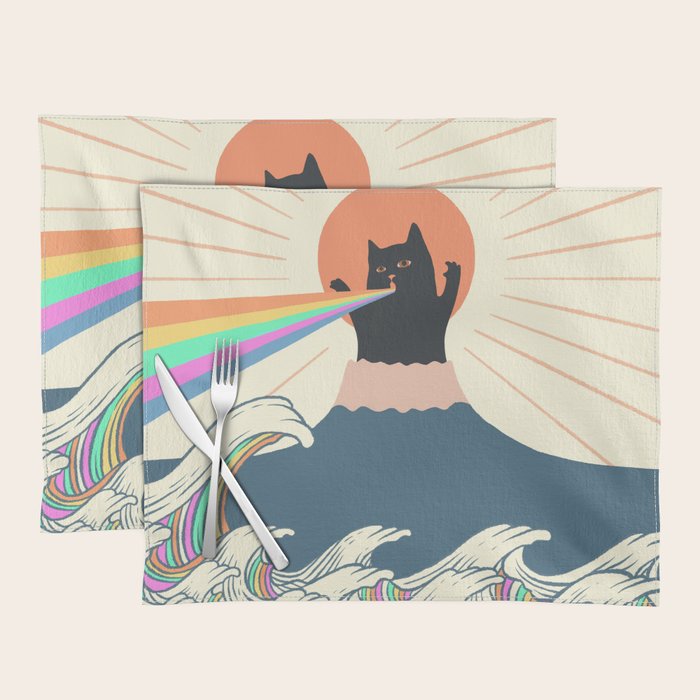 Meowtain cat 5 rainbow wave catzilla  Placemat Gallery Image 1