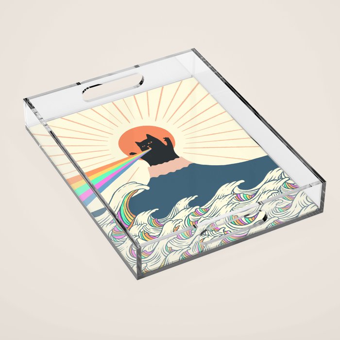 Meowtain cat 5 rainbow wave catzilla  Acrylic Tray Gallery Image 1