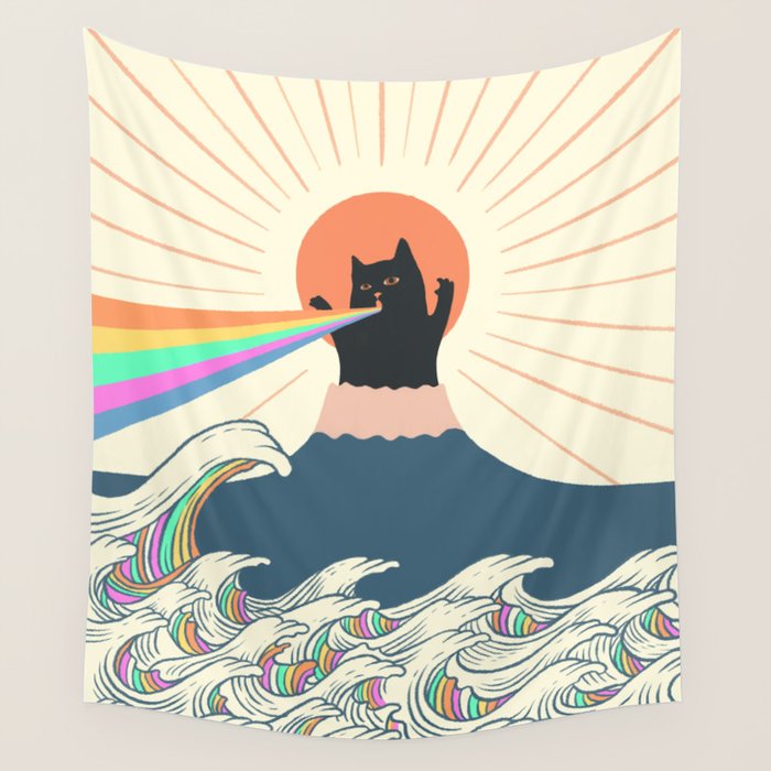 Meowtain cat 5 rainbow wave catzilla  Wall Tapestry Gallery Image 4
