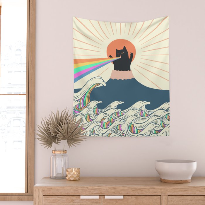 Meowtain cat 5 rainbow wave catzilla  Wall Tapestry Gallery Image 2