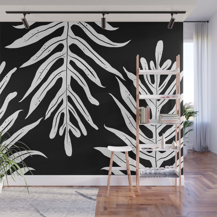 Modern Tropical Lau'ae -Monarch Fern Pattern on Black Wall Mural Gallery Image 1