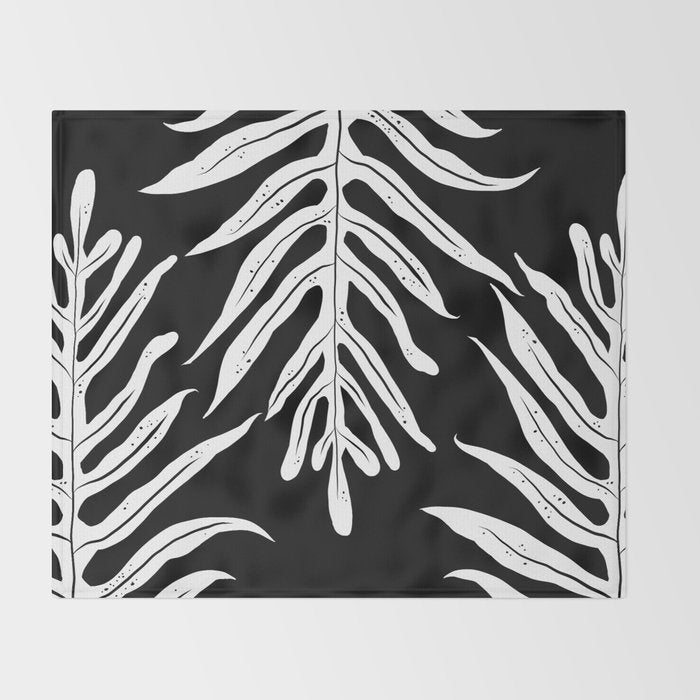 Modern Tropical Lau'ae -Monarch Fern Pattern on Black Throw Blanket Gallery Image 2