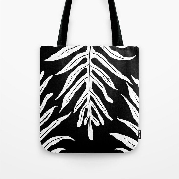 Modern Tropical Lau'ae -Monarch Fern Pattern on Black Tote Bag Gallery Image 1