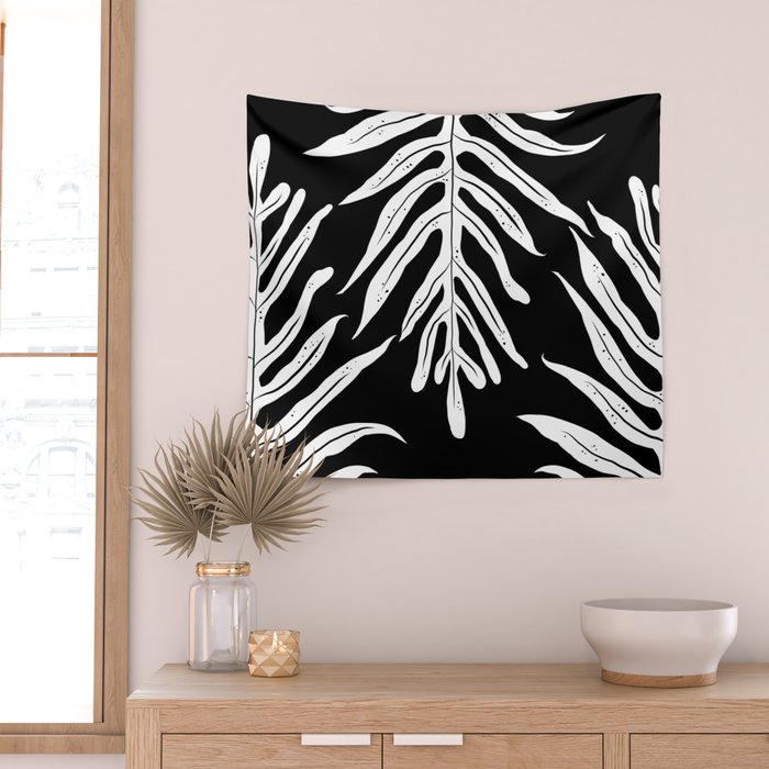 Modern Tropical Lau'ae -Monarch Fern Pattern on Black Wall Tapestry Gallery Image 2