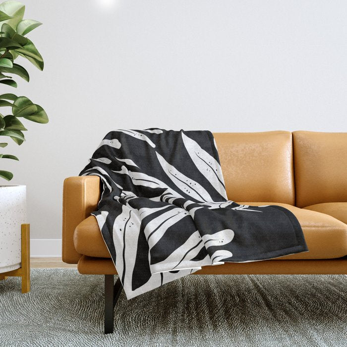 Modern Tropical Lau'ae -Monarch Fern Pattern on Black Throw Blanket Gallery Image 1