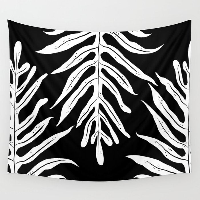 Modern Tropical Lau'ae -Monarch Fern Pattern on Black Wall Tapestry Gallery Image 1