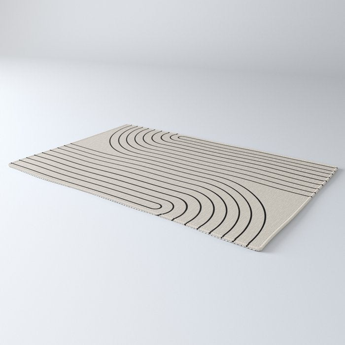 Minimal Line Curvature XCVI Vintage Creme & Black Mid Century Modern Arch Abstract Rug Gallery Image 3
