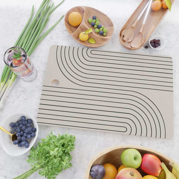 Minimal Line Curvature XCVI Vintage Creme & Black Mid Century Modern Arch Abstract Cutting Board Gallery Image 2