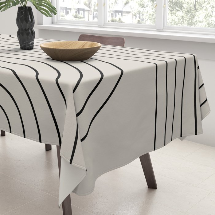 Minimal Line Curvature XCVI Vintage Creme & Black Mid Century Modern Arch Abstract Tablecloth Gallery Image 3