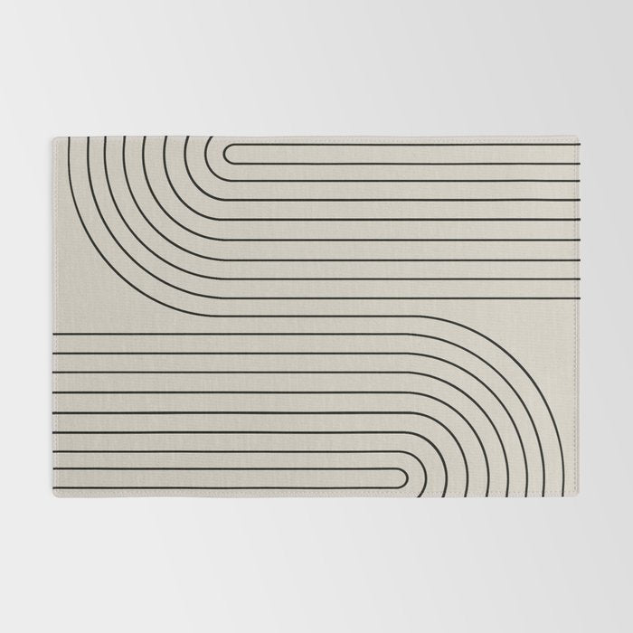 Minimal Line Curvature XCVI Vintage Creme & Black Mid Century Modern Arch Abstract Rug Gallery Image 2