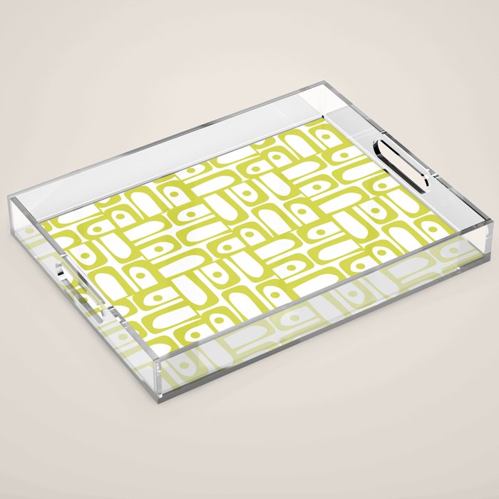 Mid Century Modern Piquet Abstract Multi Pattern Chartreuse and White Acrylic Tray Gallery Image 1