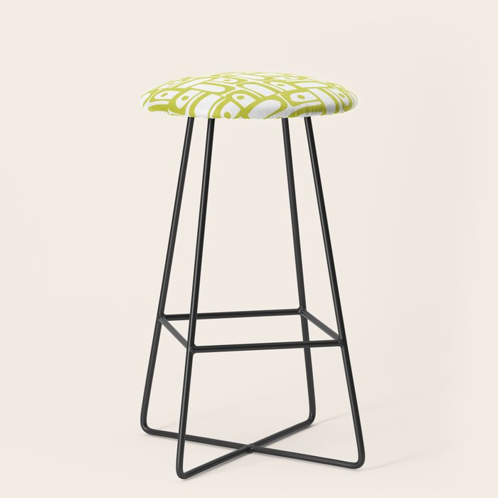 Mid Century Modern Piquet Abstract Multi Pattern Chartreuse and White Stool Gallery Image 1
