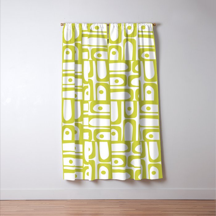 Mid Century Modern Piquet Abstract Multi Pattern Chartreuse and White Window Curtain Gallery Image 3