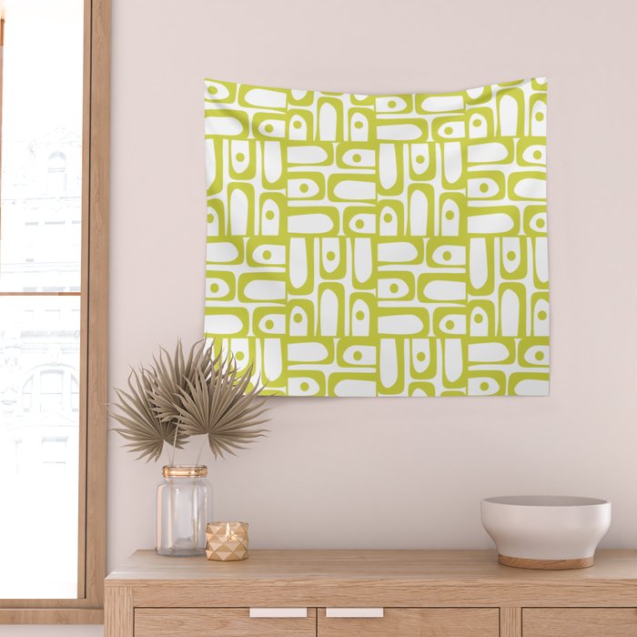 Mid Century Modern Piquet Abstract Multi Pattern Chartreuse and White Wall Tapestry Gallery Image 2