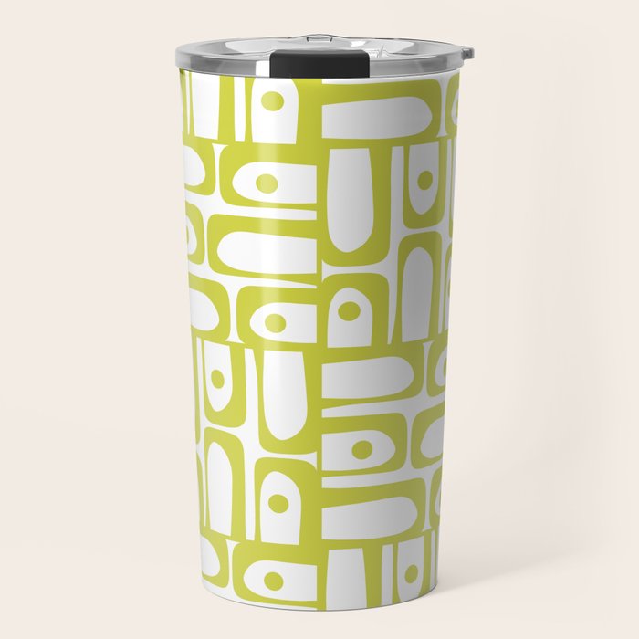 Mid Century Modern Piquet Abstract Multi Pattern Chartreuse and White Travel Mug Gallery Image 1