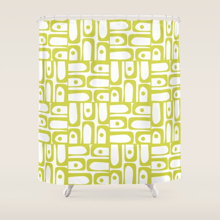Mid Century Modern Piquet Abstract Multi Pattern Chartreuse and White Shower Curtain Gallery Image 1