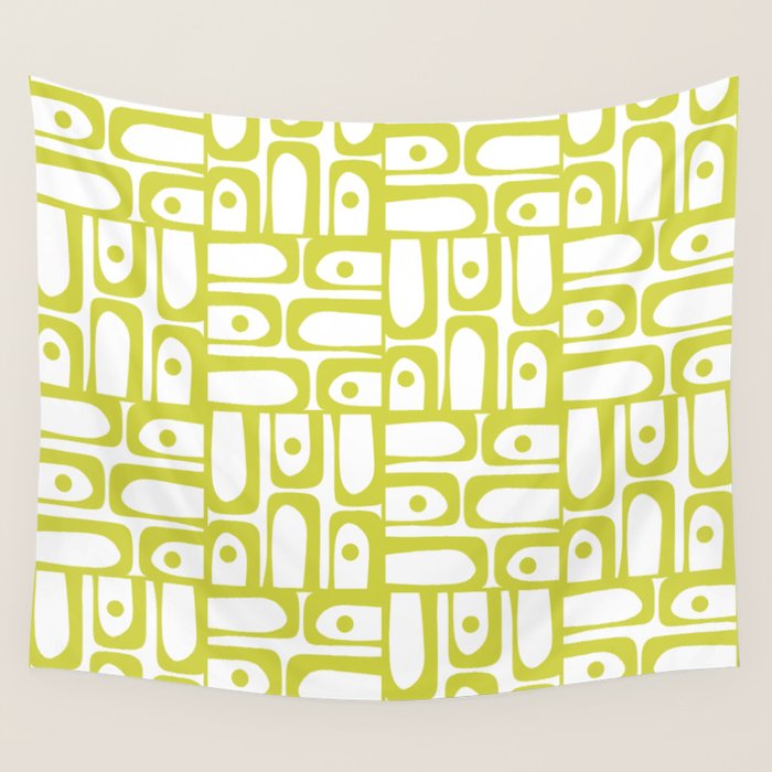 Mid Century Modern Piquet Abstract Multi Pattern Chartreuse and White Wall Tapestry Gallery Image 4