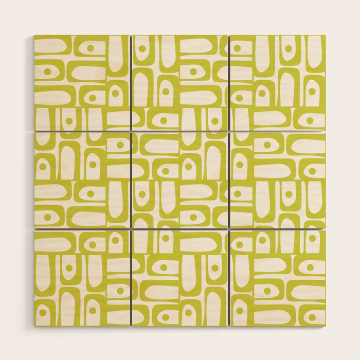 Mid Century Modern Piquet Abstract Multi Pattern Chartreuse and White Wood Wall Art Gallery Image 1