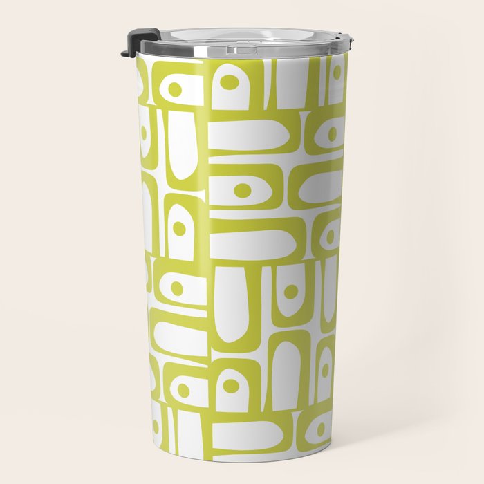 Mid Century Modern Piquet Abstract Multi Pattern Chartreuse and White Travel Mug Gallery Image 3