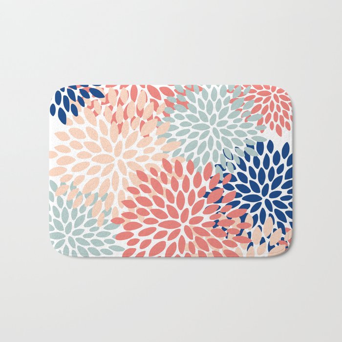 Floral Blooms, Coral, Navy, Aqua Bath Mat Gallery Image 1