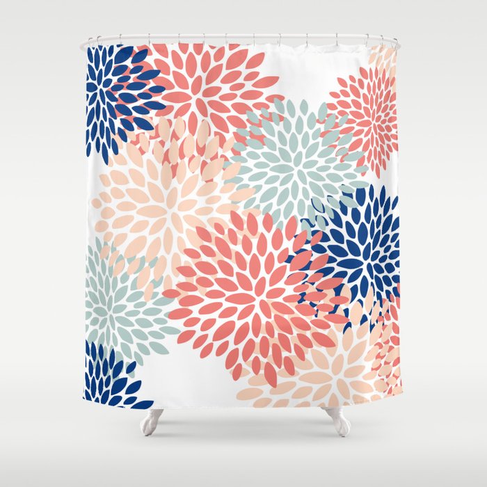 Floral Blooms, Coral, Navy, Aqua Shower Curtain Gallery Image 1