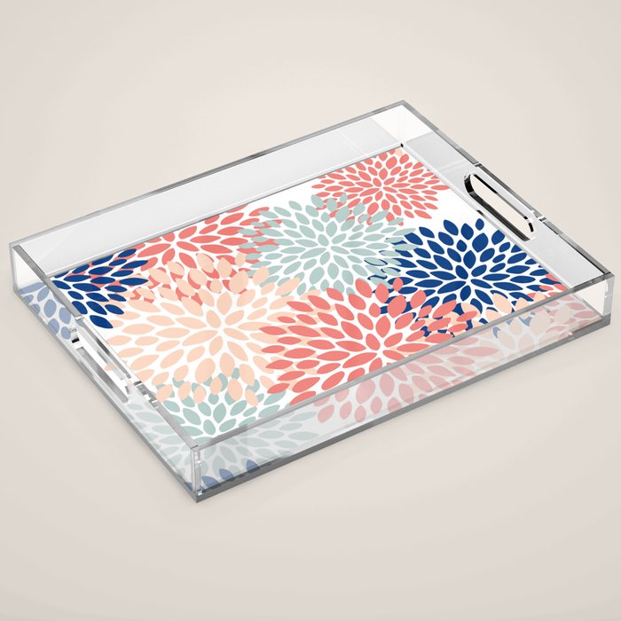 Floral Blooms, Coral, Navy, Aqua Acrylic Tray Gallery Image 1