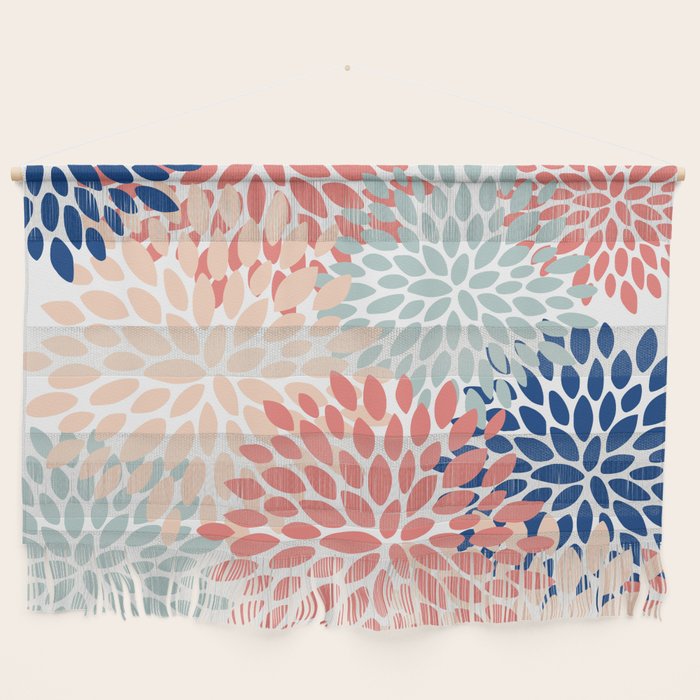 Floral Blooms, Coral, Navy, Aqua Wall Hanging Gallery Image 1