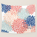 Floral Blooms, Coral, Navy, Aqua Wall Tapestry Gallery Image 4
