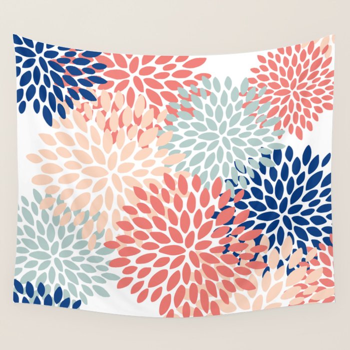 Floral Blooms, Coral, Navy, Aqua Wall Tapestry Gallery Image 4