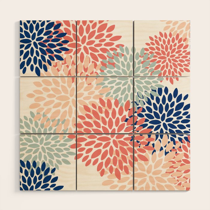 Floral Blooms, Coral, Navy, Aqua Wood Wall Art Gallery Image 1