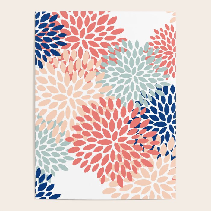 Floral Blooms, Coral, Navy, Aqua Poster Gallery Image 4