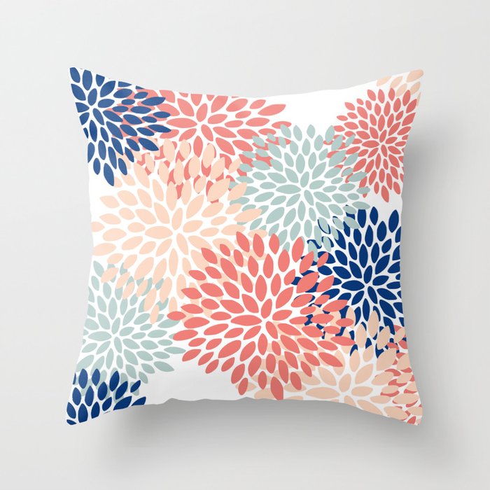 Floral Blooms, Coral, Navy, Aqua Throw Pillow Gallery Image 6