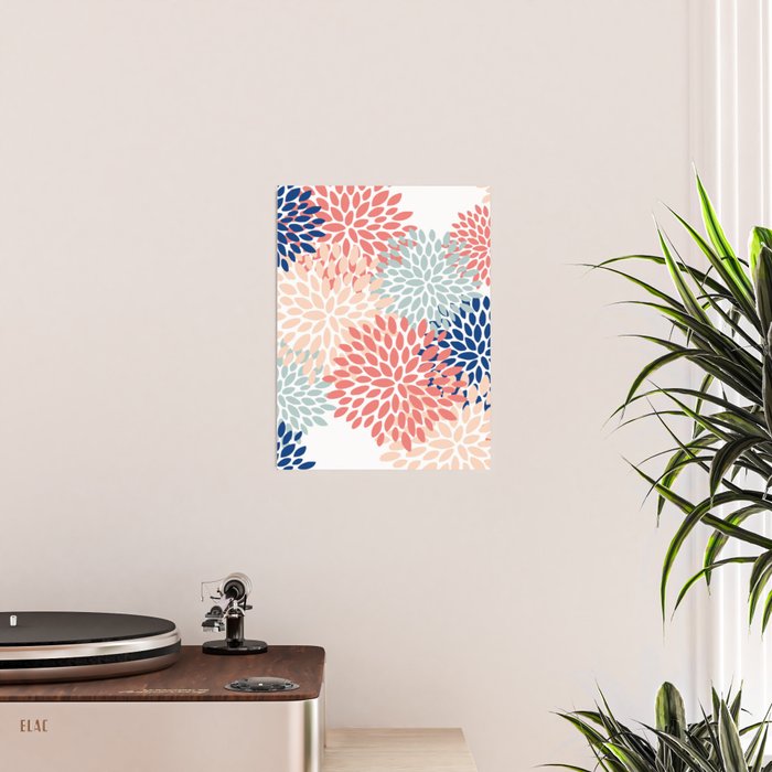Floral Blooms, Coral, Navy, Aqua Poster Gallery Image 2