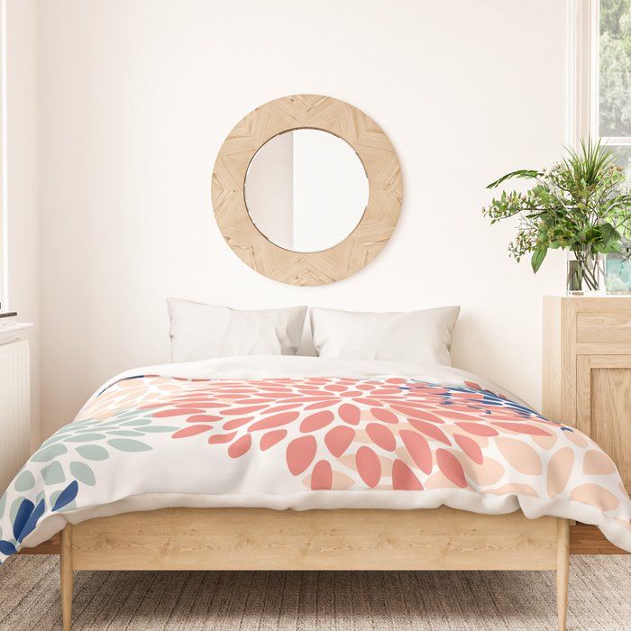 Floral Blooms, Coral, Navy, Aqua Duvet Cover Gallery Image 3